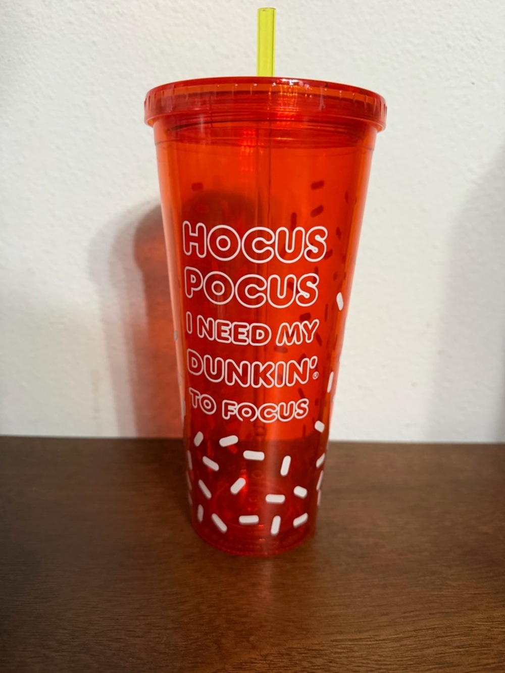 Dunkin Donuts neon orange hocus pocus I need Dunkin to focous plastic tumbler